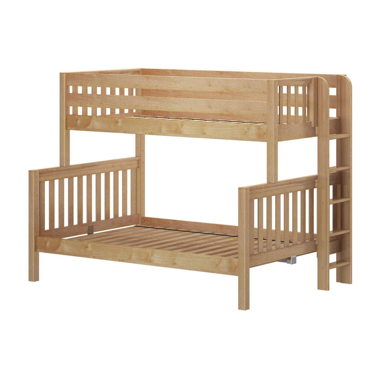 Wooden twin bunk bed frame with ladder and slatted design, ideal for kids' bedroom furniture.