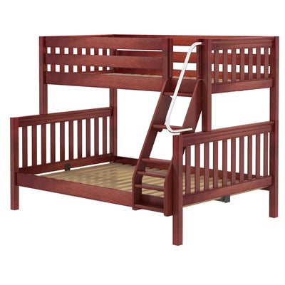 Red wooden twin over full bunk bed with ladder and slatted design.