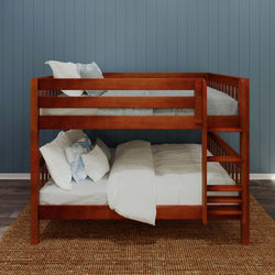 Wooden bunk bed with blue wall background and white bedding.