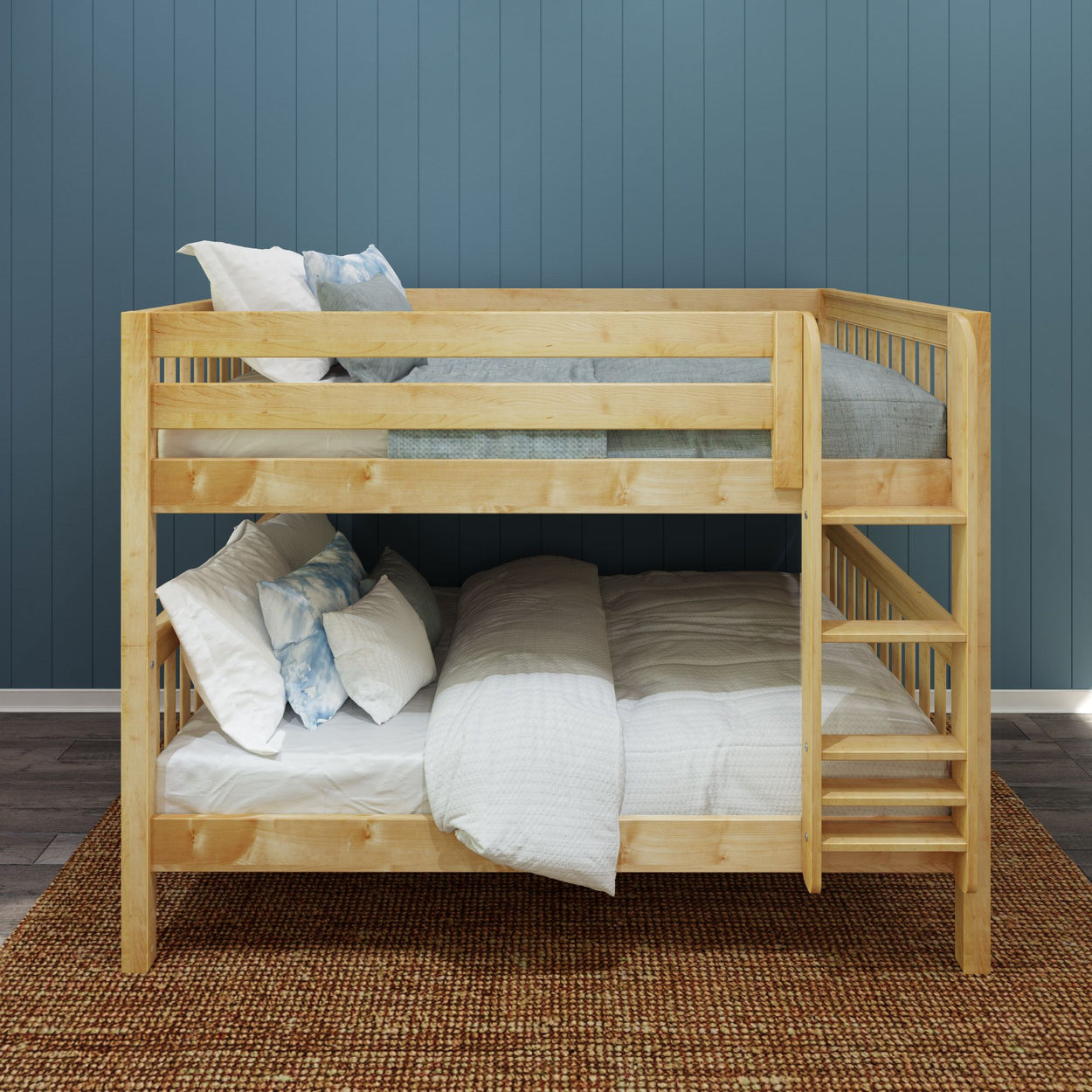 Wooden bunk bed with cozy bedding in modern bedroom.