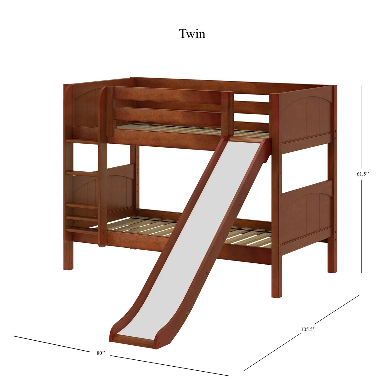 Wooden twin loft bed with slide and ladder, 61.5 inches tall, ideal for kids' bedroom furniture.