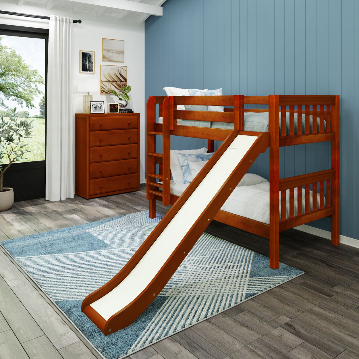Wooden bunk bed with slide in a modern children's bedroom.
