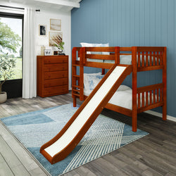 Wooden bunk bed with slide in a modern children's bedroom.