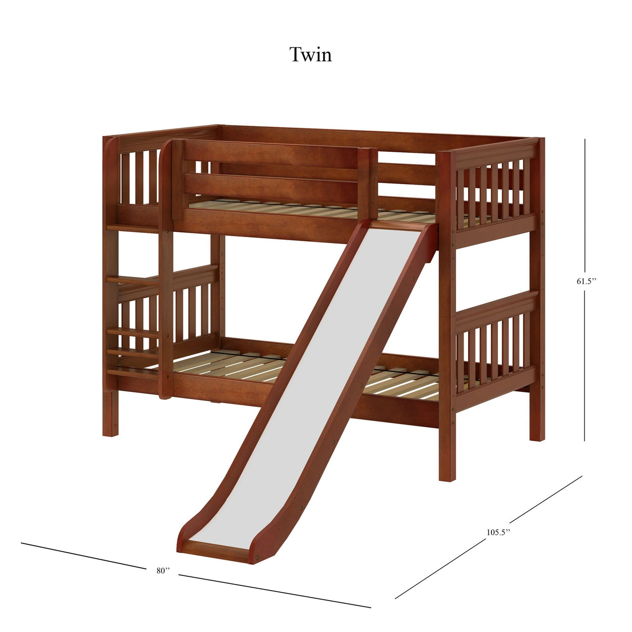 Twin wooden bunk bed with slide and safety rails showing dimensions of 80 inches length, 61.5 inches height, and 105.5 inches width.