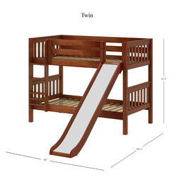 Twin wooden bunk bed with slide and safety rails showing dimensions of 80 inches length, 61.5 inches height, and 105.5 inches width.