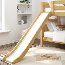 Wooden bunk bed with slide in modern bedroom, featuring cozy bedding and stylish decor.
