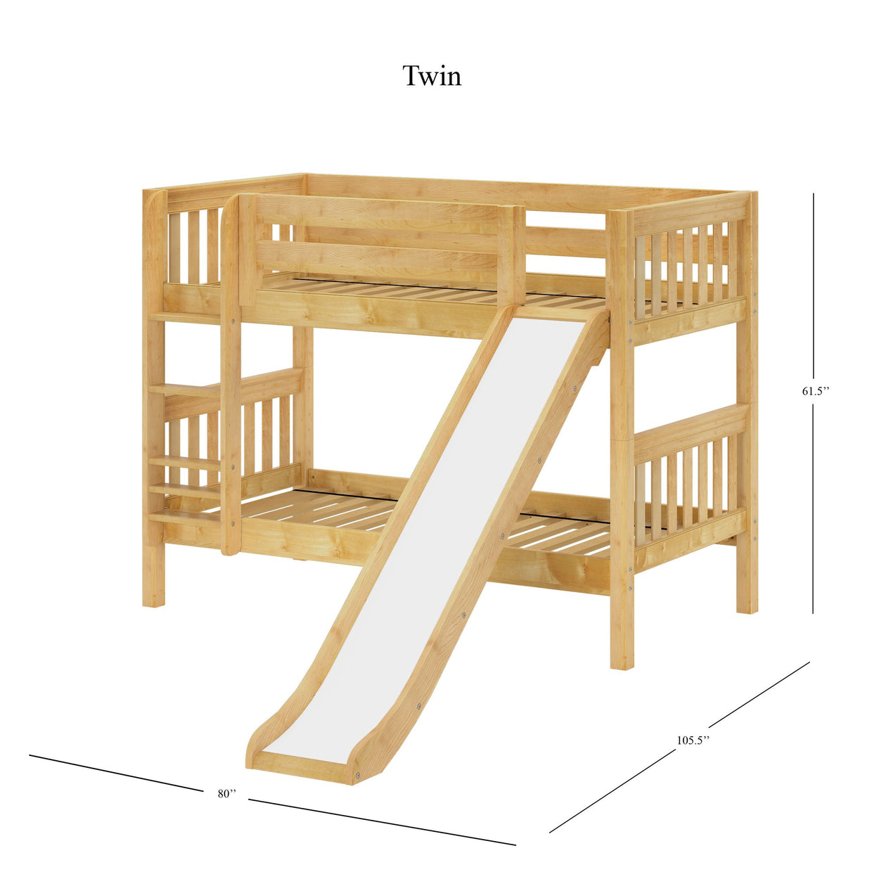 Twin wooden loft bed with slide, dimensions 80 by 105.5 by 61.5 inches.