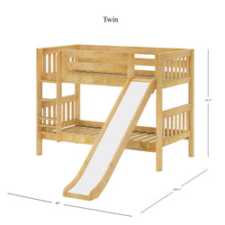 Twin wooden loft bed with slide, dimensions 80 by 105.5 by 61.5 inches.