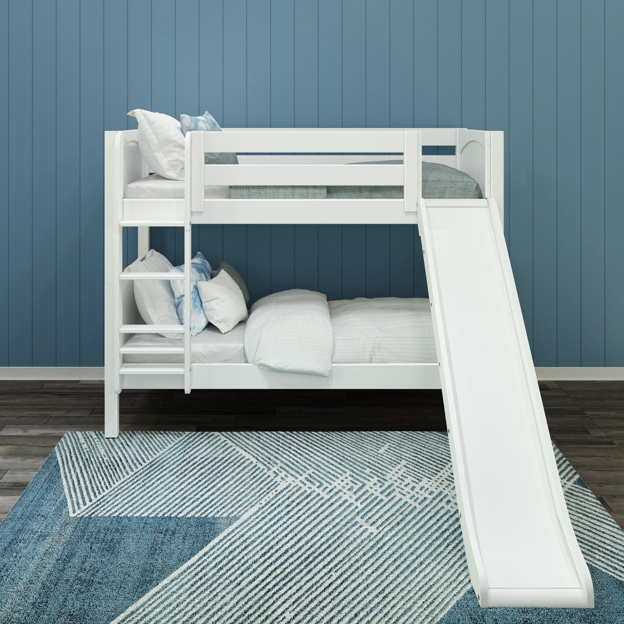 White bunk bed with slide in blue-themed children's bedroom.