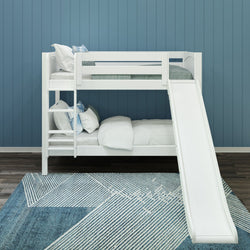 White bunk bed with slide in blue-themed children's bedroom.