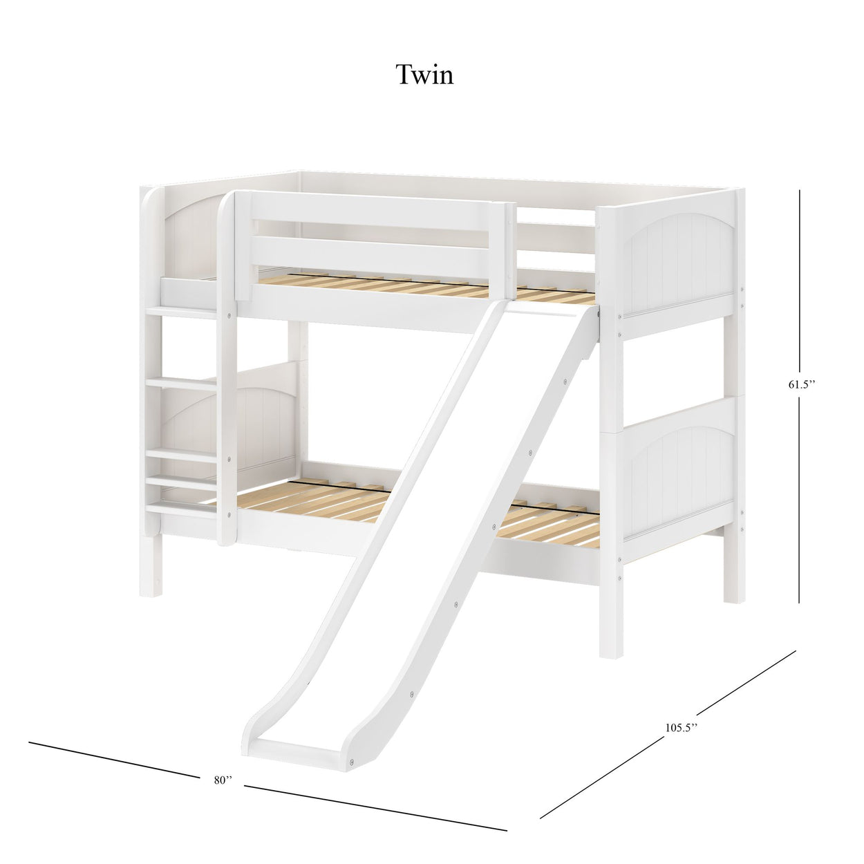 White twin loft bed with slide, dimensions 80" x 105.5" x 61.5".