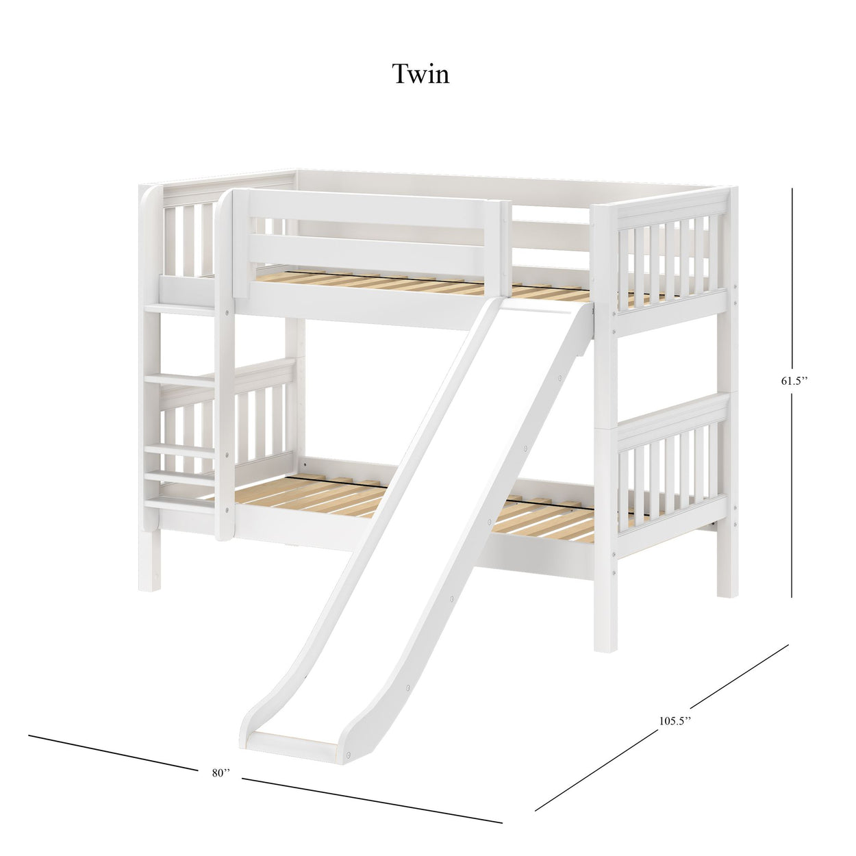 White twin loft bed with ladder and slide, children's bedroom furniture with dimensions.