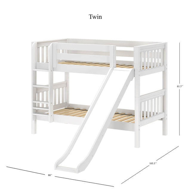 SMILE WS : Play Bunk Beds Twin Low Bunk Bed with Slide and Straight Ladder on Front, Slat, White