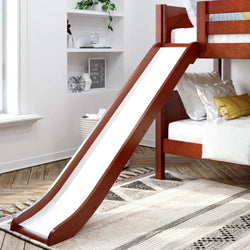 Modern wooden bunk bed with built-in slide in bright kids bedroom, white bedding, decorative shelves and cozy neutral decor