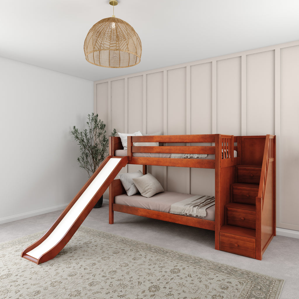 Wooden bunk bed with slide and stairs in modern kids' bedroom.