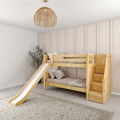 Light wood bunk bed with slide and built-in storage stairs in a neutral modern kids' bedroom with rattan pendant and plant