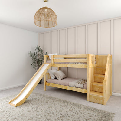 SNIGGLE NS : Play Bunk Beds Twin Low Bunk Bed with Stairs + Slide, Slat, Natural