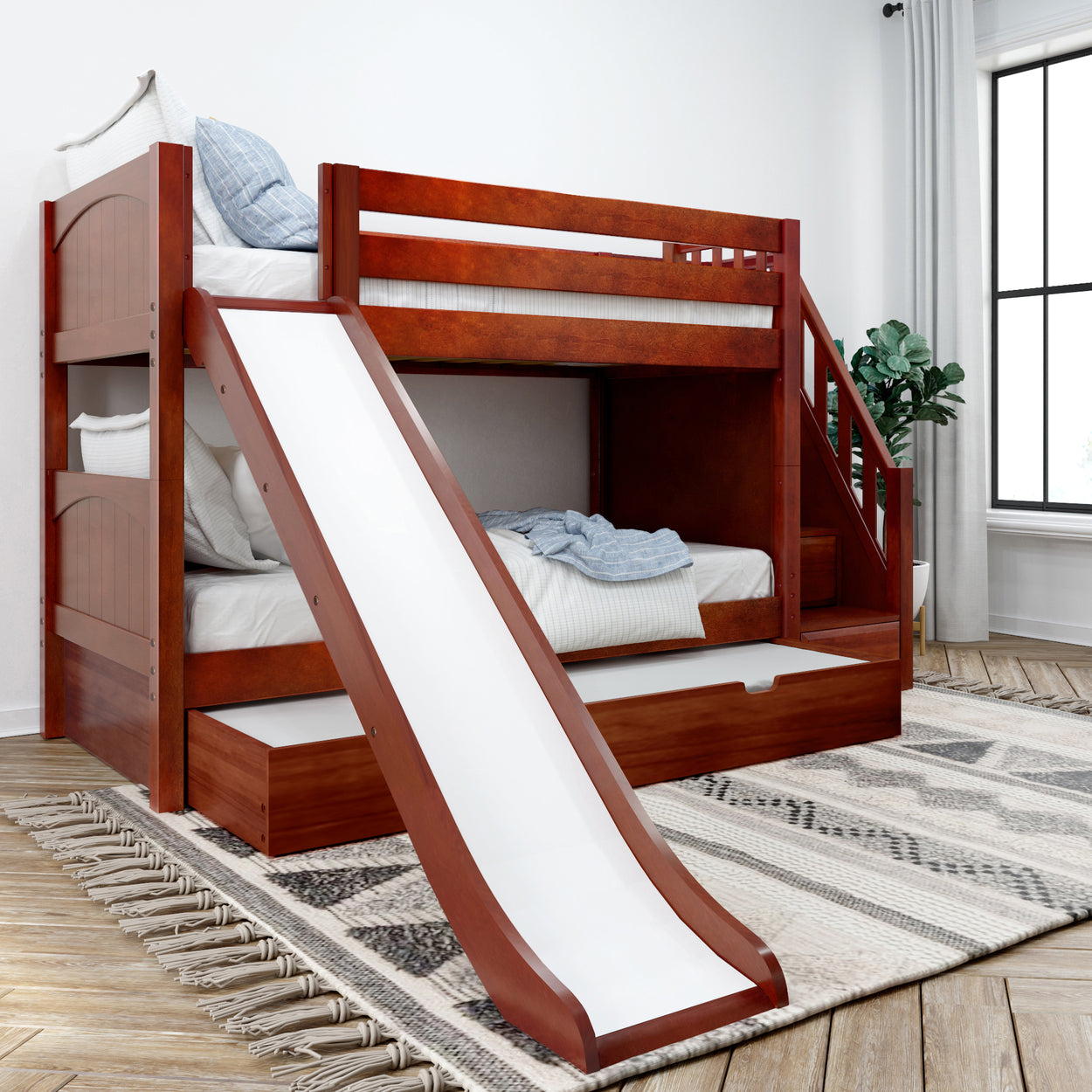 Wooden bunk bed with slide in modern kids' bedroom setting.