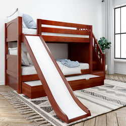 Wooden bunk bed with slide in modern kids' bedroom setting.