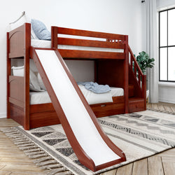 Children's wooden bunk bed with slide and stairs in modern bedroom.