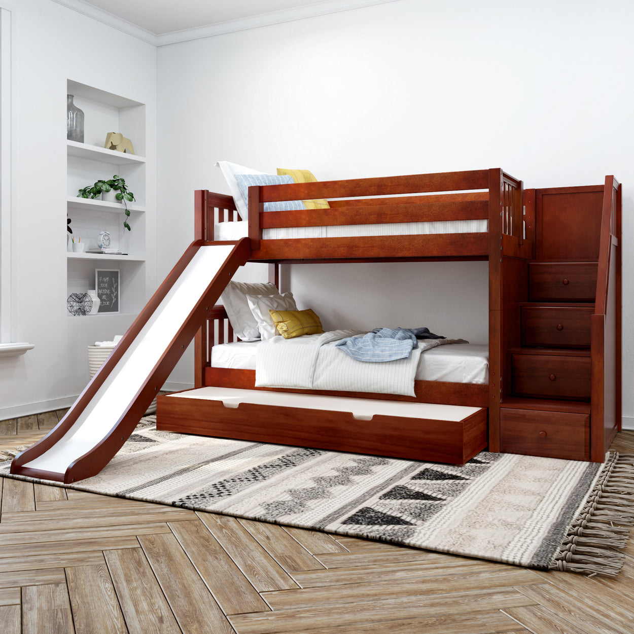 Stylish wooden bunk bed with slide and drawers in a modern kids room.