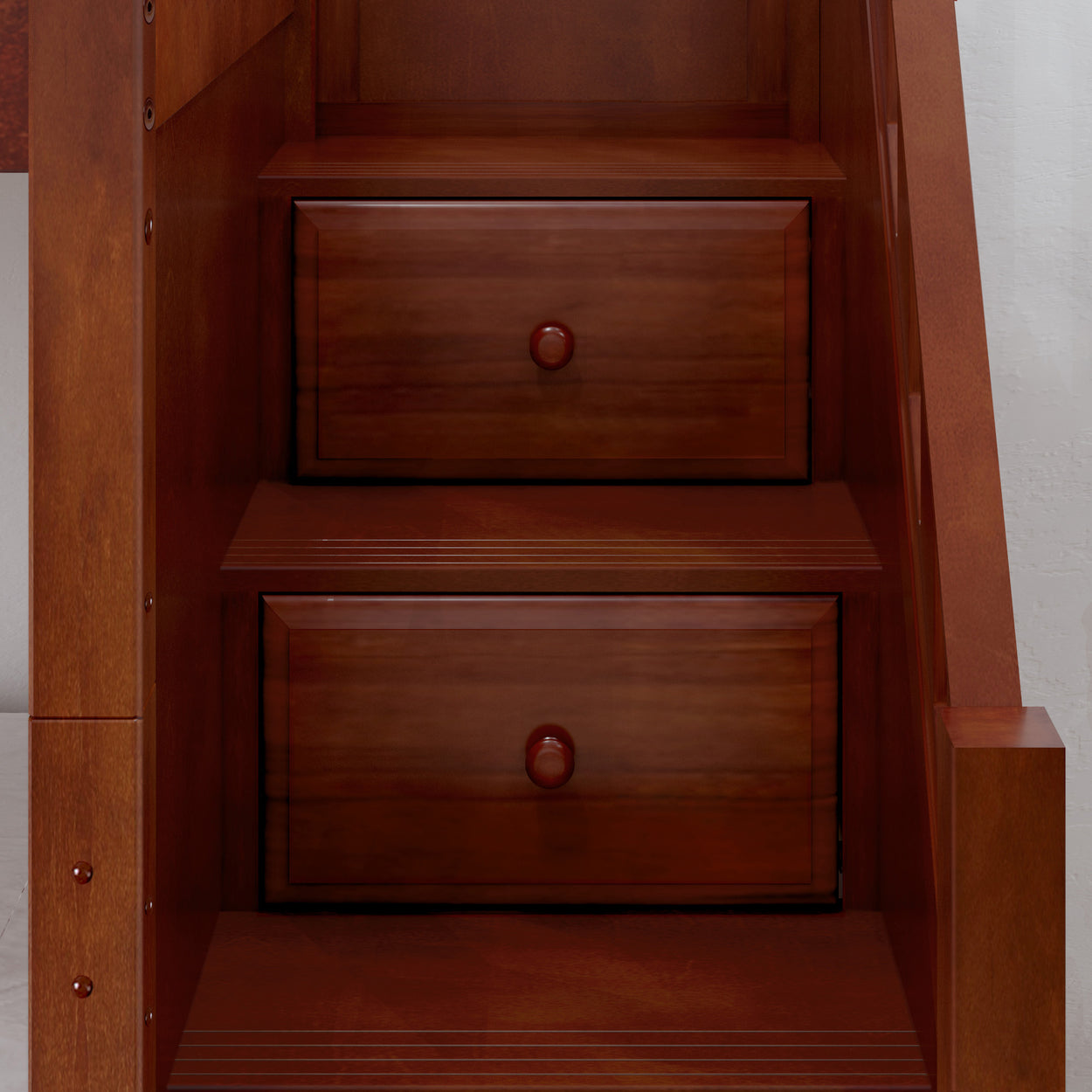 Wooden stairway with built-in storage drawers for space-saving solutions.
