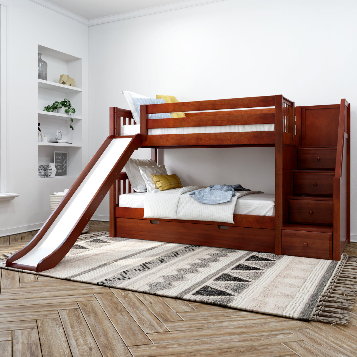 Modern wooden bunk bed with slide in a stylish children's bedroom.