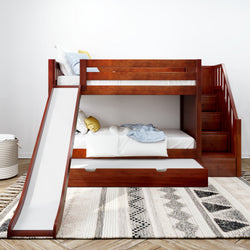 Wooden bunk bed with slide and stairs in modern bedroom.