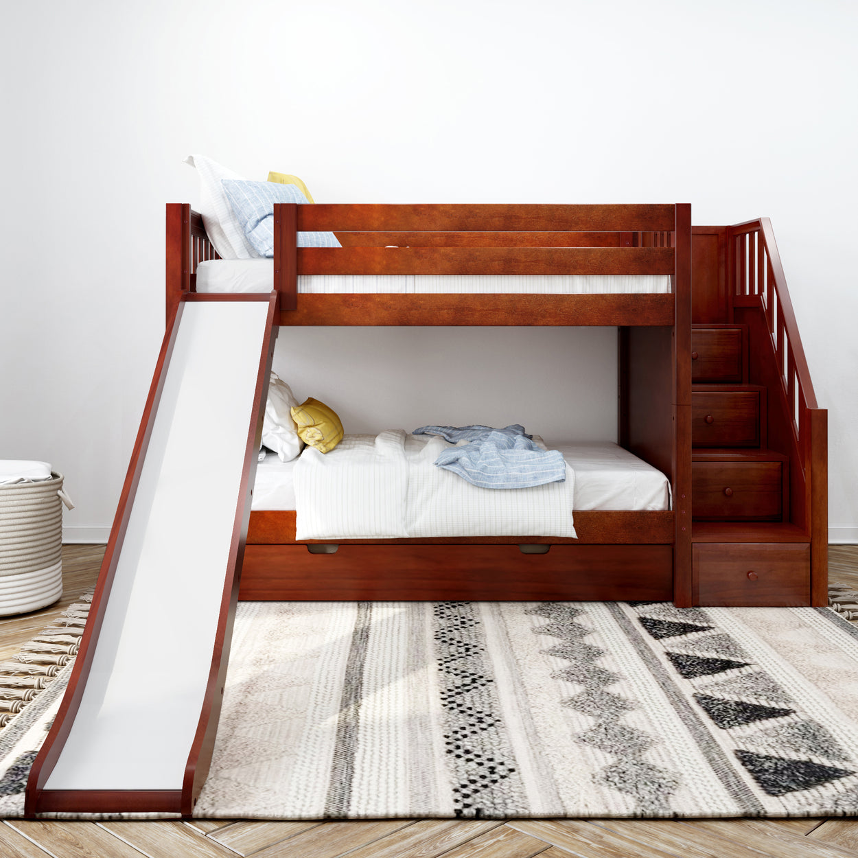 Wooden bunk bed with slide and built-in stairs, designed for kids' bedroom.