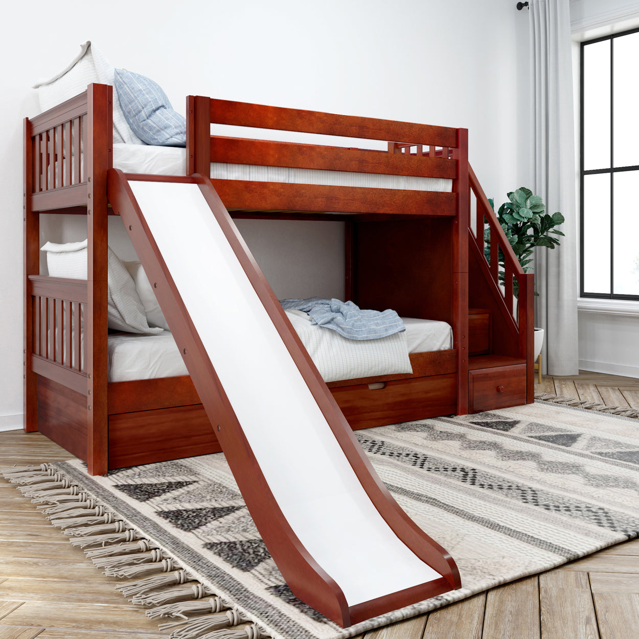 Wooden bunk bed with slide in a stylish kids' bedroom featuring natural light and cozy decor.
