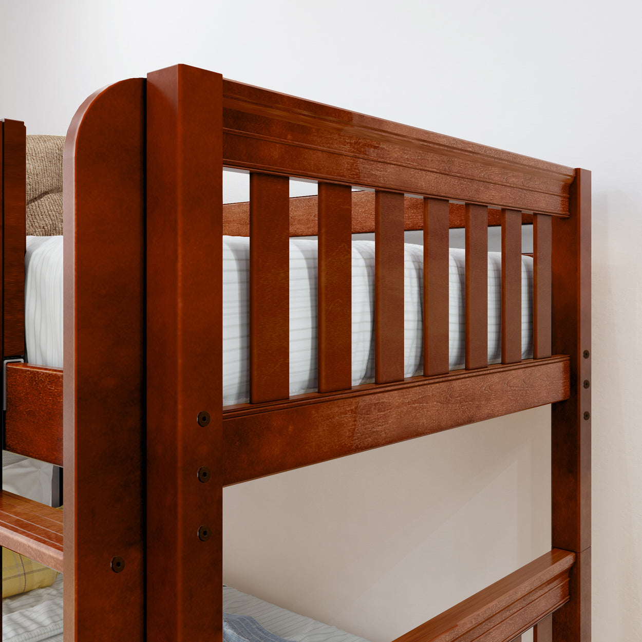 Wooden bunk bed with sleek design and comfortable mattress in a modern bedroom.