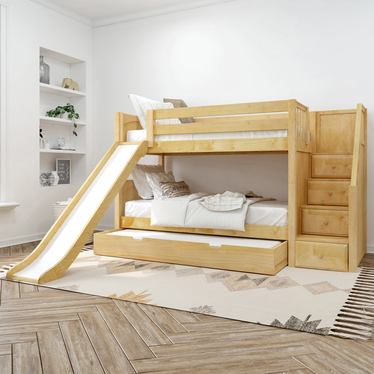 Wooden bunk bed with slide and storage drawers in modern kids' bedroom.