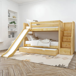 Wooden bunk bed with slide and storage drawers in modern kids' bedroom.