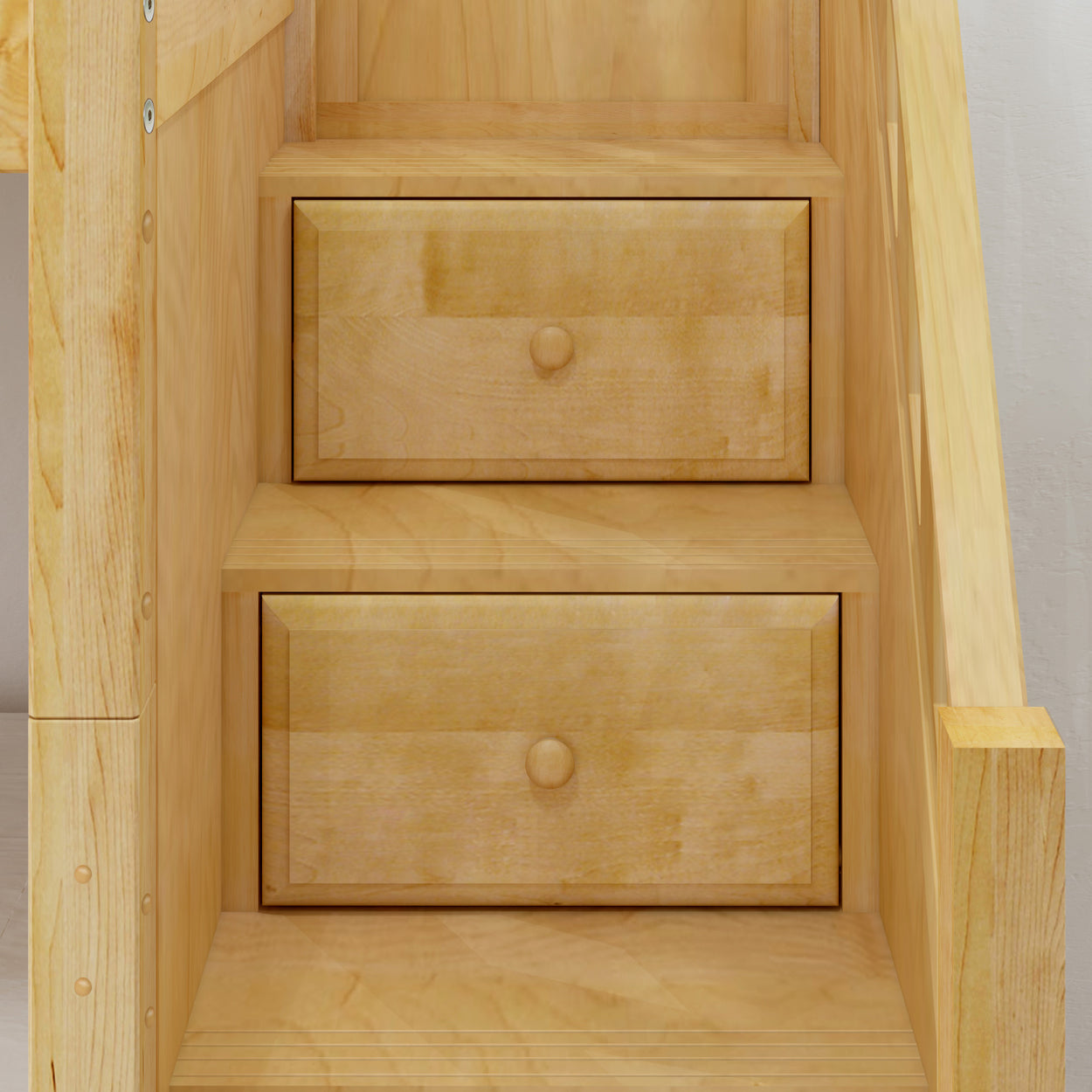 Wooden staircase with built-in storage drawers for maximizing space efficiency in small homes.