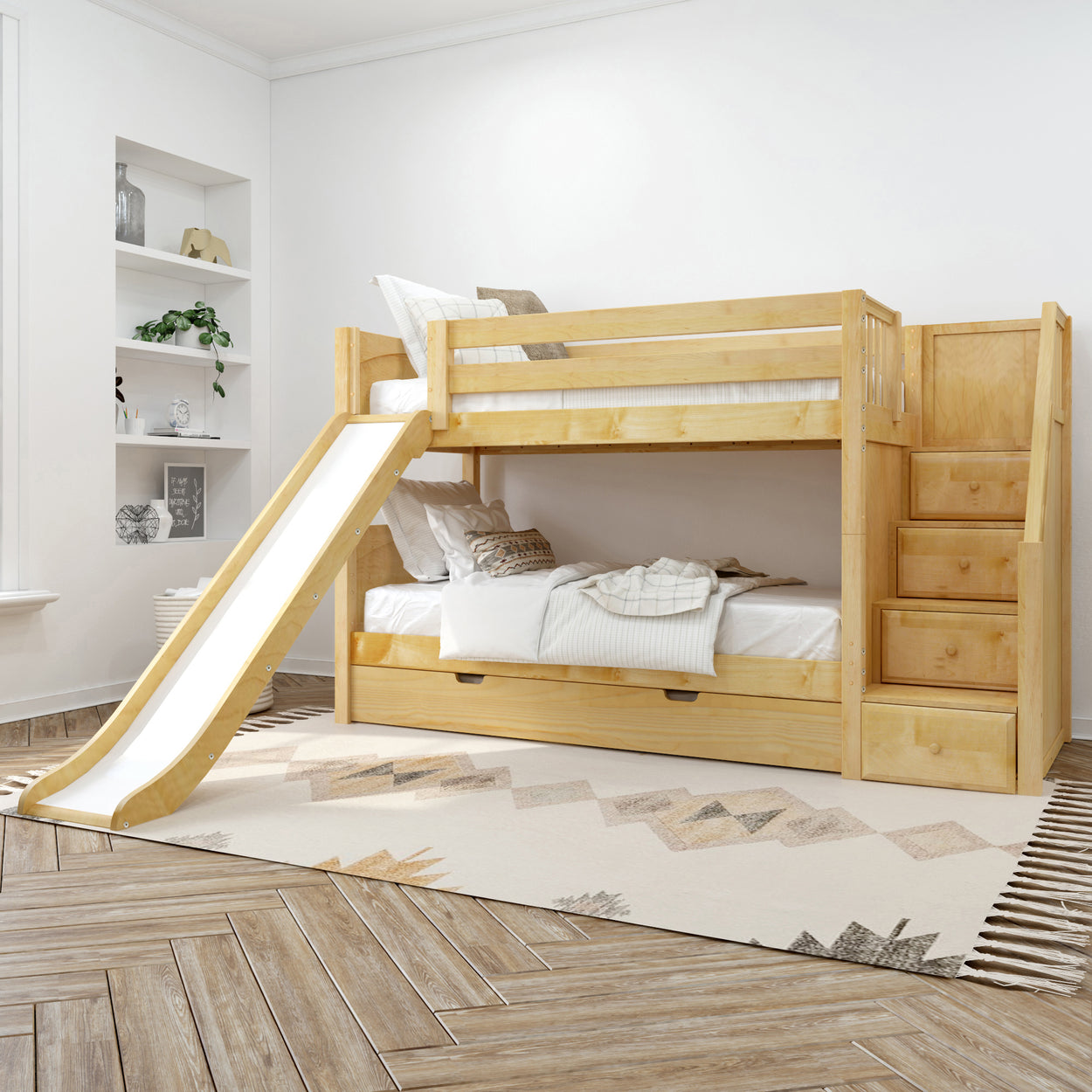 Wooden bunk bed with slide and storage steps in a modern kids' bedroom.