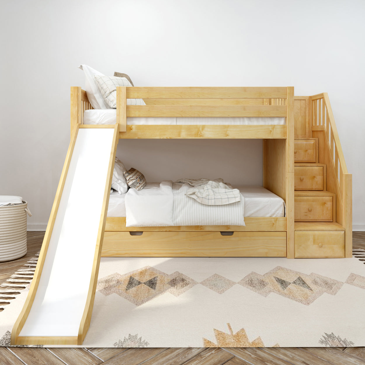 Children's wooden bunk bed with slide and stairs for fun and functional bedroom furniture.