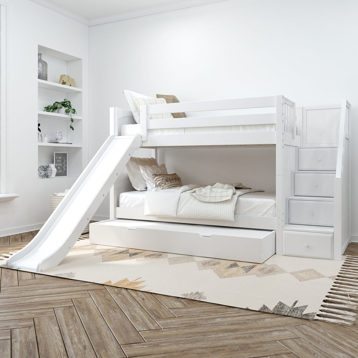 White bunk bed with slide in modern children's bedroom featuring neutral decor and geometric rug.
