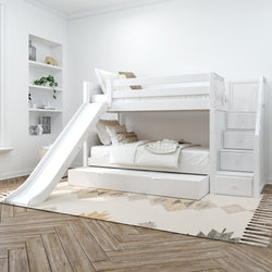 White bunk bed with slide in modern children's bedroom featuring neutral decor and geometric rug.