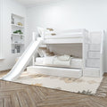 Modern white bunk bed with slide and storage stairs in a stylish kids' bedroom.