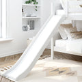 White wooden bunk bed with slide in a modern, cozy bedroom.