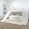 Kids' white bunk bed with slide and storage stairs in modern bedroom setting.