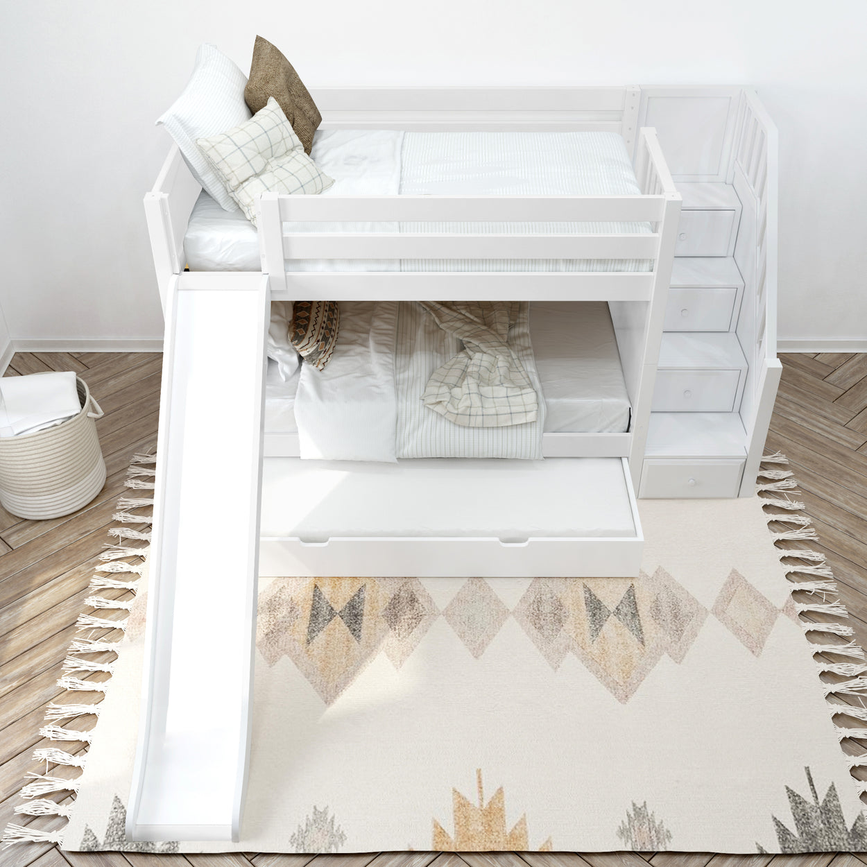 White wooden bunk bed with built-in slide and stairs in a modern children's bedroom.