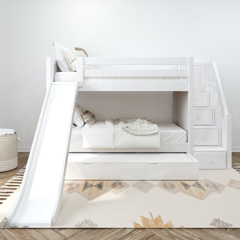 Modern white bunk bed with slide and storage stairs in a children's bedroom.