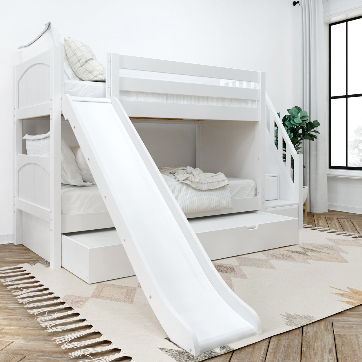White wooden bunk bed with slide, featuring a cozy bedroom setting for kids, modern furniture design with natural light.