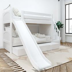 White wooden bunk bed with slide, featuring a cozy bedroom setting for kids, modern furniture design with natural light.