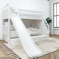 White bunk bed with slide in modern kids' bedroom featuring natural wood flooring and large window.