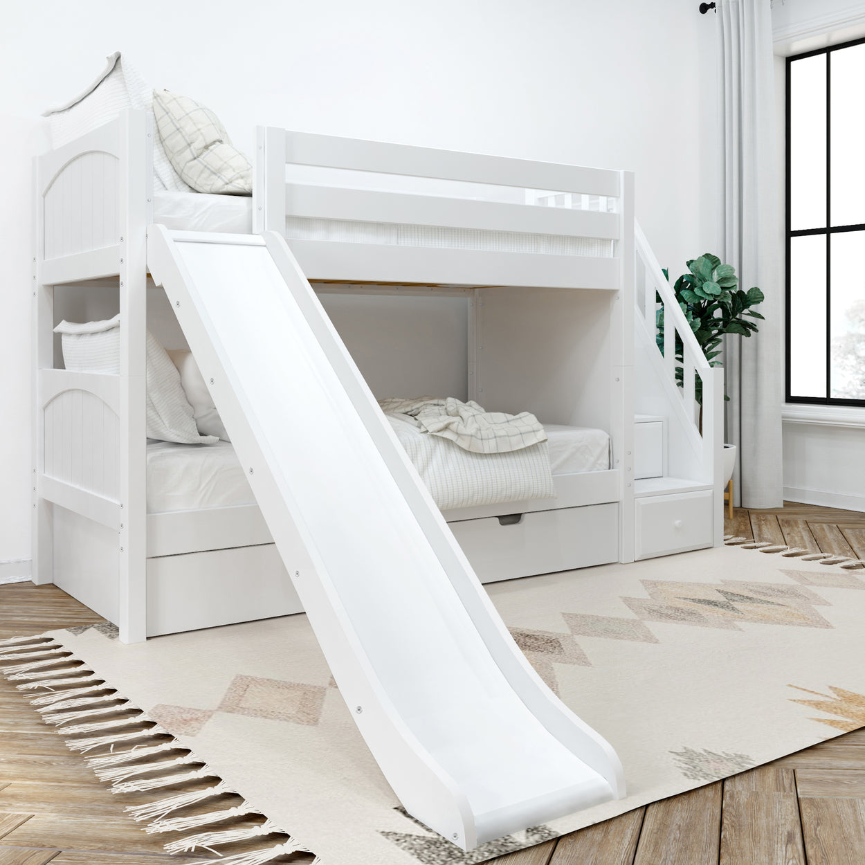 White bunk bed with slide in a modern kids' room featuring a geometric rug and large window, perfect for playful and functional bedroom design.