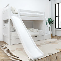 White bunk bed with slide in a modern kids' room featuring a geometric rug and large window, perfect for playful and functional bedroom design.