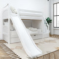 White bunk bed with slide in modern kids' room with wooden flooring and patterned rug.