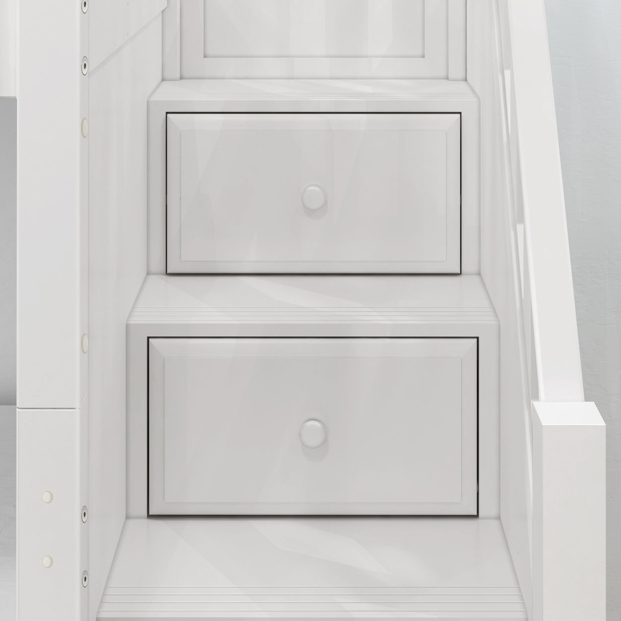 White staircase with integrated storage drawers, maximizing space efficiency.